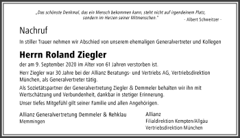 Traueranzeige von Roland Ziegler von Allgäuer Zeitung,Kempten