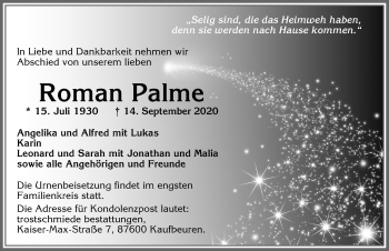 Traueranzeige von Roman Palme von Allgäuer Zeitung, Kaufbeuren/Buchloe