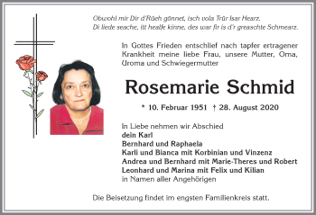 Traueranzeige von Rosemarie Schmid von Allgäuer Anzeigeblatt