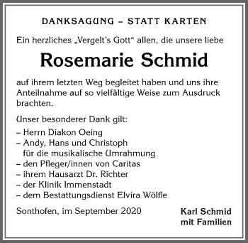 Traueranzeige von Rosemarie Schmid von Allgäuer Anzeigeblatt