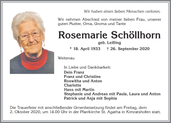 Traueranzeige von Rosemarie Schöllhorn von Allgäuer Zeitung,Kempten
