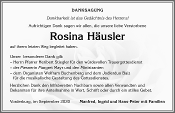 Traueranzeige von Rosina Häusler von Allgäuer Anzeigeblatt
