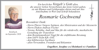 Traueranzeige von Rosmarie Gschwend von Allgäuer Zeitung, Marktoberdorf