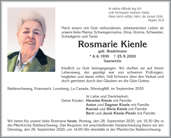 Traueranzeige von Rosmarie Kienle von Allgäuer Anzeigeblatt