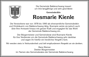 Traueranzeige von Rosmarie Kienle von Allgäuer Anzeigeblatt