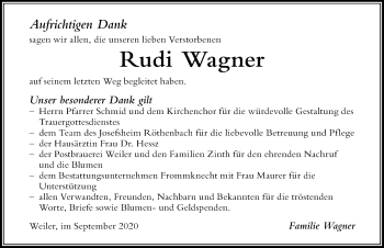 Traueranzeige von Rudi Wagner von Der Westallgäuer