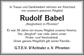 Traueranzeige von Rudolf Babel von Allgäuer Zeitung, Füssen