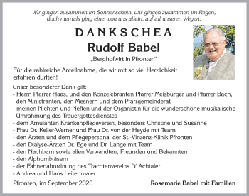 Traueranzeige von Rudolf Babel von Allgäuer Zeitung, Füssen