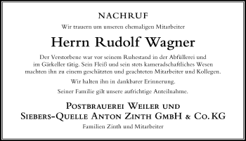 Traueranzeige von Rudolf Wagner von Der Westallgäuer