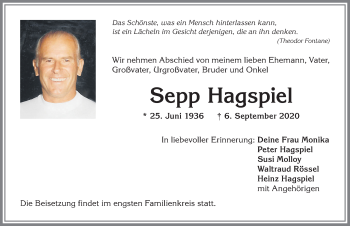 Traueranzeige von Sepp Hagspiel von Allgäuer Anzeigeblatt