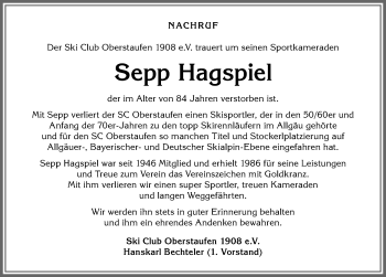 Traueranzeige von Sepp Hagspiel von Allgäuer Anzeigeblatt