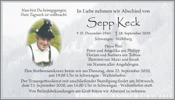 Traueranzeige von Sepp Keck von Allgäuer Zeitung, Füssen