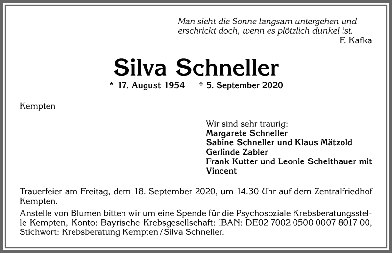  Traueranzeige für Silva Schneller vom 14.09.2020 aus Allgäuer Zeitung,Kempten