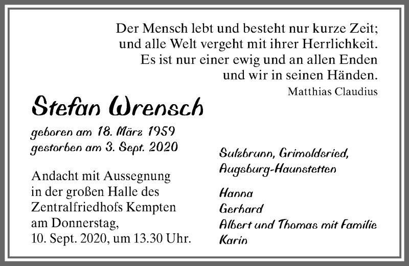  Traueranzeige für Stefan Wrensch vom 09.09.2020 aus Allgäuer Zeitung,Kempten