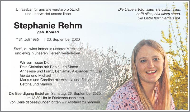  Traueranzeige für Stephanie Rehm vom 24.09.2020 aus Allgäuer Zeitung