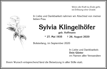 Traueranzeige von Sylvia Klingelhöfer von Allgäuer Anzeigeblatt