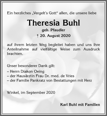 Traueranzeige von Theresia Buhl von Allgäuer Anzeigeblatt