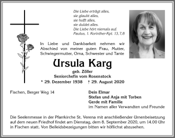 Traueranzeige von Ursula Karg von Allgäuer Anzeigeblatt