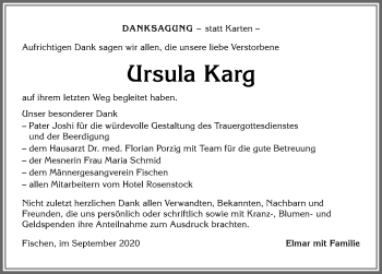 Traueranzeige von Ursula Karg von Allgäuer Anzeigeblatt
