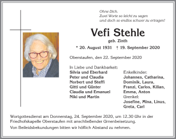 Traueranzeige von Vefi Stehle von Allgäuer Anzeigeblatt