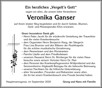 Traueranzeige von Veronika Ganser von Allgäuer Zeitung,Kempten