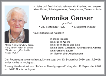 Traueranzeige von Veronika Ganser von Allgäuer Zeitung,Kempten