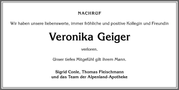 Traueranzeige von Veronika Geiger von Allgäuer Anzeigeblatt