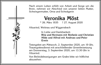 Traueranzeige von Veronika Möst von Allgäuer Zeitung,Kempten