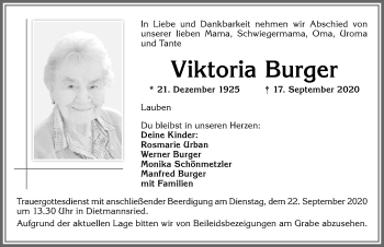 Traueranzeige von Viktoria Burger von Allgäuer Zeitung,Kempten