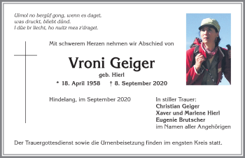 Traueranzeige von Vroni Geiger von Allgäuer Anzeigeblatt
