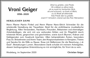 Traueranzeige von Vroni Geiger von Allgäuer Anzeigeblatt