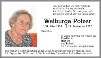 Traueranzeige von Walburga Polzer von Allgäuer Zeitung,Kempten