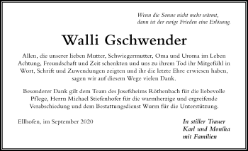Traueranzeige von Walli Gschwender von Der Westallgäuer