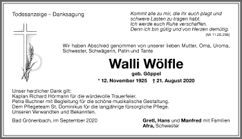 Traueranzeige von Walli Wölfle von Memminger Zeitung