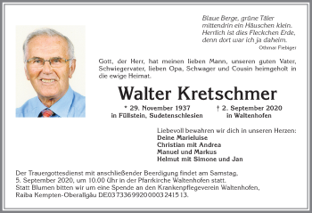 Traueranzeige von Walter Kretschmer von Allgäuer Zeitung,Kempten