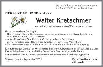 Traueranzeige von Walter Kretschmer von Allgäuer Zeitung,Kempten