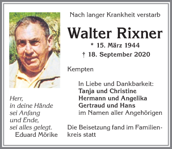 Traueranzeige von Walter Rixner von Allgäuer Zeitung,Kempten
