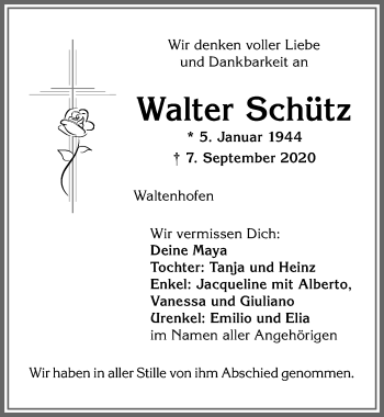 Traueranzeige von Walter Schütz von Allgäuer Zeitung,Kempten
