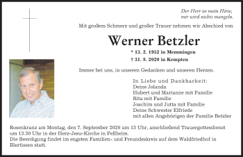 Traueranzeige von Werner Betzler von Memminger Zeitung