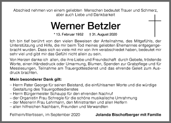 Traueranzeige von Werner Betzler von Memminger Zeitung