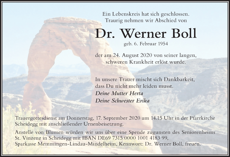  Traueranzeige für Werner Boll vom 12.09.2020 aus Der Westallgäuer