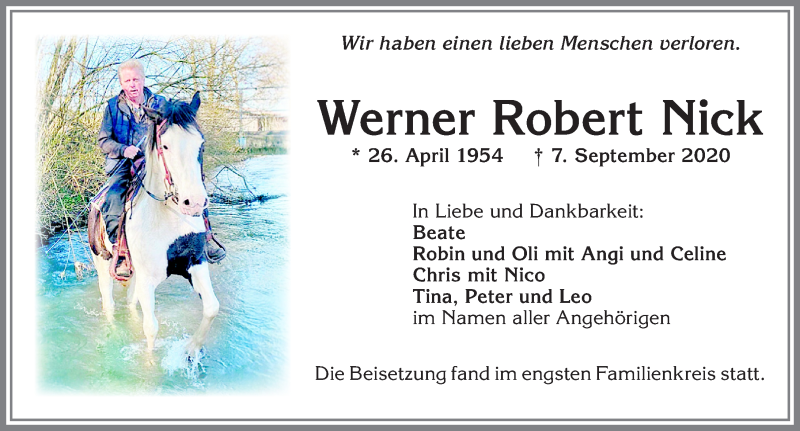  Traueranzeige für Werner Robert Nick vom 12.09.2020 aus Allgäuer Zeitung,Kempten