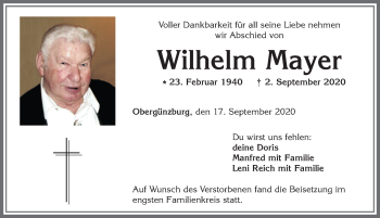 Traueranzeige von Wilhelm Mayer von Allgäuer Zeitung, Marktoberdorf