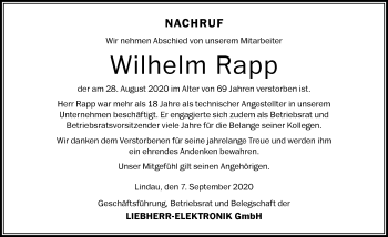 Traueranzeige von Wilhelm Rapp von Der Westallgäuer
