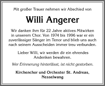 Traueranzeige von Willi Angerer von Allgäuer Zeitung, Füssen