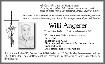 Traueranzeige von Willi Angerer von Allgäuer Zeitung, Füssen
