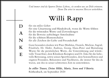 Traueranzeige von Willi Rapp von Der Westallgäuer