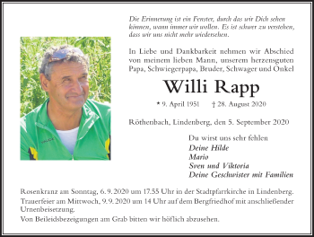 Traueranzeige von Willi Rapp von Der Westallgäuer