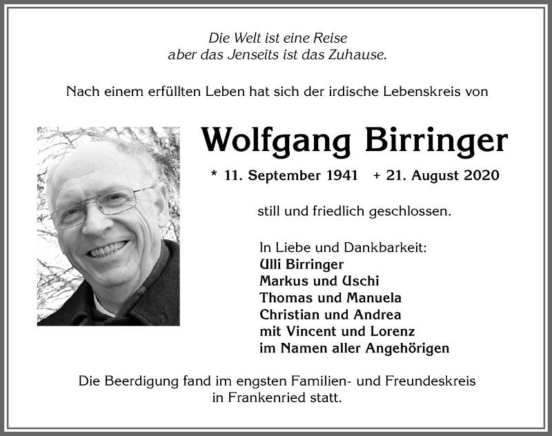  Traueranzeige für Wolfgang Birringer vom 18.09.2020 aus Allgäuer Zeitung, Kaufbeuren/Buchloe