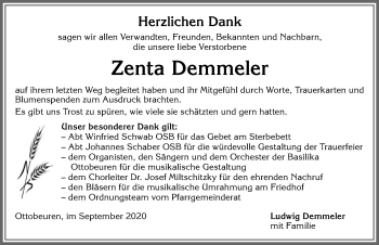 Traueranzeige von Zenta Demmeler von Memminger Zeitung